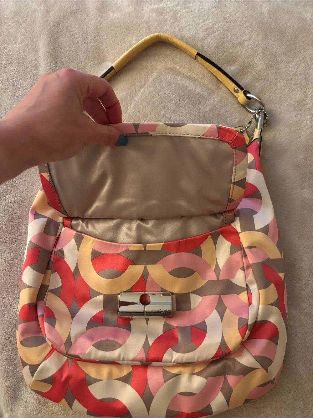 Stylish Coach Multi-Color Pattern Hobo Bag - Pink, Red & Cream, nylon